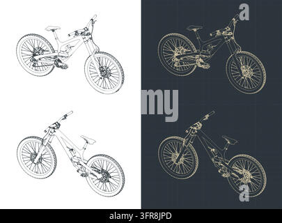 Mountain bike isometric blueprints. Detailed technical drawing set showing downhill MTB from axonometric views Stock Vector
