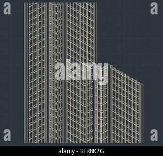 Skyscrapers facade architectural drawing, vector line art isometric blueprint Stock Vector