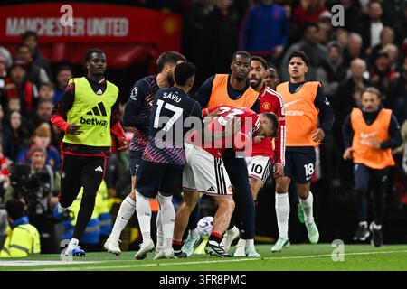 Manchester, UK. 10th Oct, 2026. MANCHESTER, ENGLAND, OCT 10: Luke Shaw of Manchester United reacts after an incident during the Premier League match between Manchester United and Tottenham Hotspur at Old Trafford in Manchester, England (Will Palmer/Sports Press Photo) Credit: SPP Sport Press Photo. /Alamy Live News Stock Photo