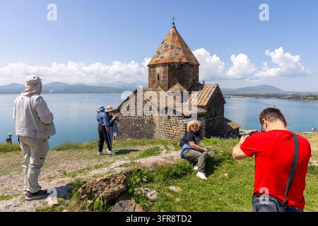 Tourists taking photos at Sevanavank Monastery by Lake Sevan, Gegharkunik Province, Sevanavank, Armenia Stock Photo