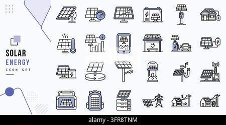 Solar energy linear icon set vector illustration featuring renewable green power photovoltaic panel system battery generator electricity grid Stock Vector