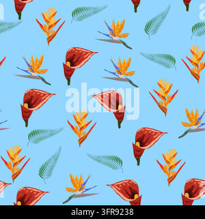 Orange Strelitzia flower pattern design with leaves and stem, calla lilies, hibiscus, tropical flowers. Hawaiian beach vacation. Stock Vector