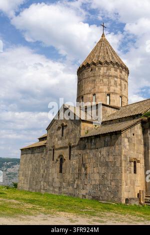 Low angle close up of a stone tower with carved details at Tatev Monastery, Syunik Province, Tatev, Armenia Stock Photo