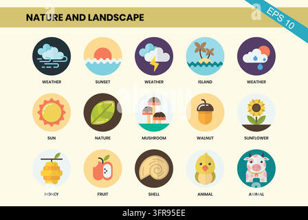 Nature and landscape circular icon set showing weather and plants Stock Vector