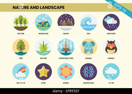 Nature and landscape round icons collection with colorful scenery elements Stock Vector