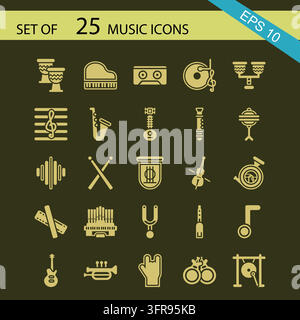 Collection of golden music icons featuring instruments and symbols Stock Vector