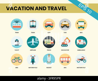 Set of vacation and travel circular flat icons with transportation Stock Vector