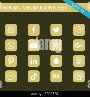 Social media platform logos with white symbols on colored square backgrounds Stock Vector