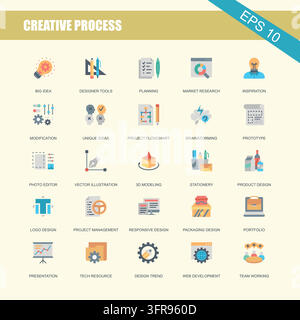Creative process flat icon set for project management and office work Stock Vector
