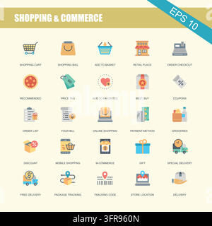 Set of flat style shopping and commerce icons for retail business websites Stock Vector