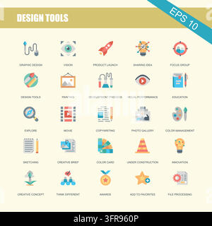 Set of flat design tools and creative workflow icons for graphic designers Stock Vector