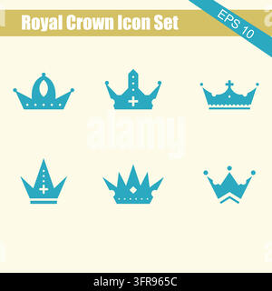 Set of blue royal crown icons on a light background with flat design Stock Vector