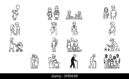 Set of black and white line art icons depicting diverse people in life stages Stock Vector