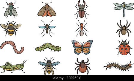 Set of colorful insect and small creature icons in a simple linear style Stock Vector