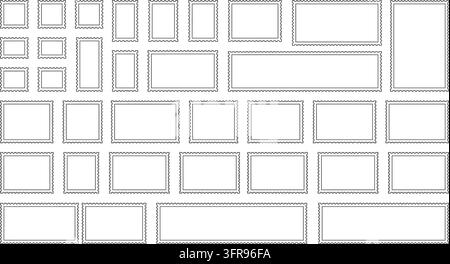 Rectangular postage stamp frames with serrated edges as black outlines Stock Vector
