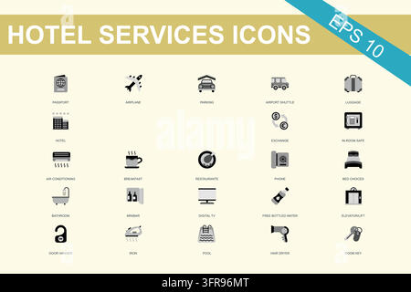 Hotel services icons set with accommodation amenities and staff assistance Stock Vector