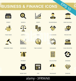 Set of various flat business and financial symbols on beige background Stock Vector