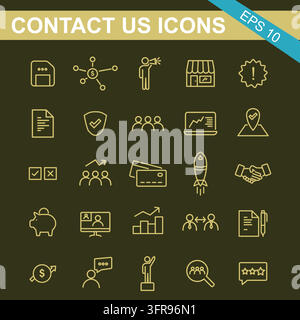 Grid of contact us and communication line art icons on dark background Stock Vector