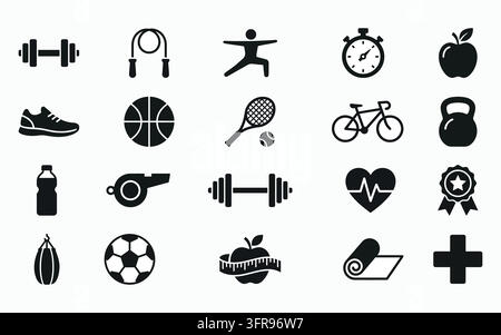 Set of sports fitness and health equipment silhouette icons with training gear Stock Vector