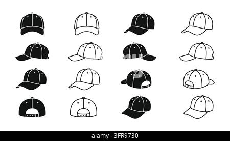 Baseball cap icon set showing various styles and angles on white background Stock Vector