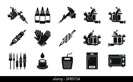 Tattoo machine and equipment icon set on isolated background with gun Stock Vector