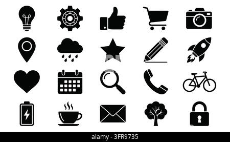 Set of basic business and lifestyle interface utility icons in black Stock Vector