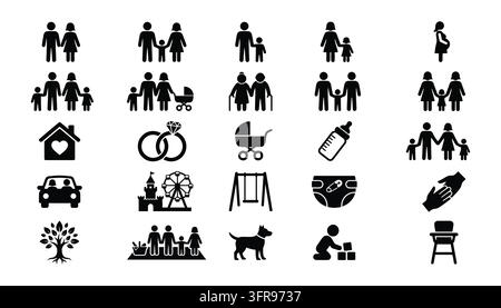 Family and relationships icon set showcasing people and lifestyle symbols Stock Vector