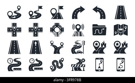 Assorted black navigation and road map route symbols on white background Stock Vector