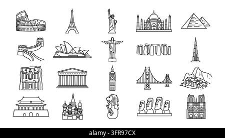 Collection of outline landmarks and world famous historical monuments Stock Vector