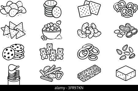 Variety of snack food line art icons in monochrome style Stock Vector