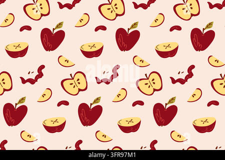 Seamless Autumn Apple Pattern with Red Fruit, Apple Slices, Seeds and Heart Shaped Motifs on a Warm Peach Background for Fabric, Textile, Wallpaper Stock Vector