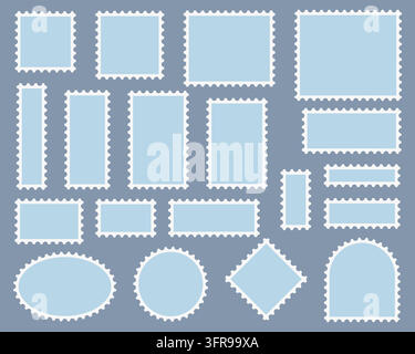 Set of blank postage stamp frames in various rectangular, square, oval, circular and geometric shapes with perforated edges, blue paper centers and Stock Vector