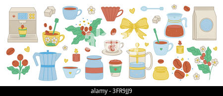Coffee doodle color set with cozy cafe elements and cute beverage icons in Amalfi style. Vector amalficore collection featuring brewing accessories, t Stock Vector