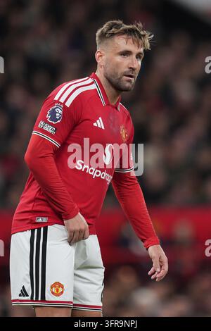 Manchester, UK. 10th Oct, 2026. Luke Shaw of Manchester United during the Manchester United v Tottenham Hotspur Premier League match at Old Trafford, Manchester, England on 10 October 2026 Credit: Steve Flynn/Every Second Media Credit: Every Second Media/Alamy Live News Stock Photo