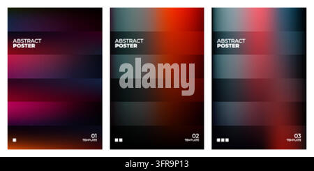 Set of three modern abstract poster templates featuring dark blurred gradient backgrounds, horizontal band layouts, and clean white typography with nu Stock Vector
