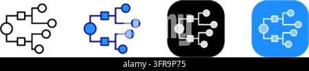 Set of four flowchart node diagram vector icons displayed in various design styles including outline stroke, filled blue, black app button, and blue a Stock Vector