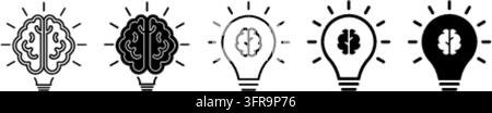 A set of five vector icons depicting light bulbs combined with human brains, featuring outline and solid black design styles representing ideas, intel Stock Vector