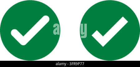 Two green check mark vector icons featuring white check symbols inside solid circular buttons, isolated on a white background for user interface desig Stock Vector