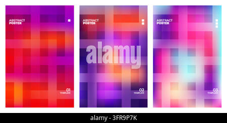 Set of abstract poster templates featuring vibrant multicolored gradients, blurred geometric grid patterns, and modern minimalist typography. Perfect Stock Vector