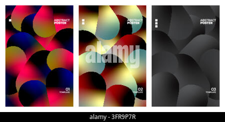 Set of three modern abstract poster templates featuring dynamic overlapping fluid shapes, smooth gradients, and minimalist typography on vibrant and d Stock Vector