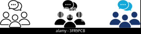 Three minimalist vector icons featuring groups of people figures with speech bubbles above them, presented in outline, solid black, and blue color sty Stock Vector