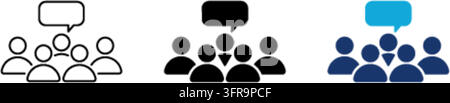 Three minimalist crowd and speech bubble vector icons featuring outline, solid, and color styles, ideal for community, communication, and social netwo Stock Vector