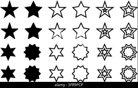 Collection of twenty-four black star vector icons displayed in various solid and outline graphic styles, including multiple point variations and conce Stock Vector