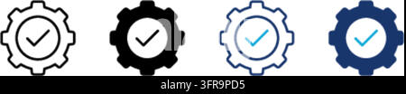 A vector icon set featuring four gear and check mark symbols displayed in outline, solid, and color variations. Perfect for user interfaces, settings, Stock Vector