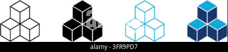 A comprehensive vector icon set featuring four distinct isometric cube arrangements, presented in outline, solid black, blue outline, and two-tone blu Stock Vector