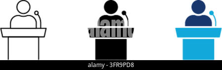 Three minimalist vector icons depicting a person speaking at a podium with a microphone, shown in outline, solid black, and blue color styles. Stock Vector