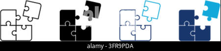 Set of four minimalist puzzle piece vector icons displayed in outline, solid black, blue outline, and two-tone color styles representing problem solvi Stock Vector