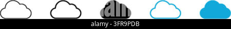 Collection of cloud vector icons displayed in various design styles including thin outline, thick outline, solid black, blue outline, and solid blue f Stock Vector