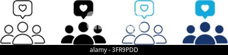 A set of four minimalist vector icons depicting a group of people with a heart inside a speech bubble, presented in outline, solid black, blue outline Stock Vector
