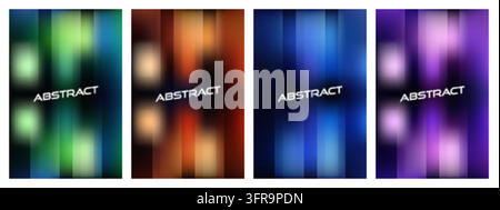 Set of four abstract poster templates featuring vertical blurred columns, glowing lights, and smooth color gradients in green, orange, blue, and purpl Stock Vector